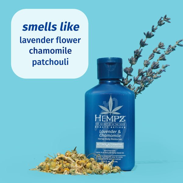Hempz Travel-Size Beauty Actives Lavender & Chamomile Herbal Body Moisturizing Lotion with Bakuchiol with notes of lavender flower, chamomile, and patchouli