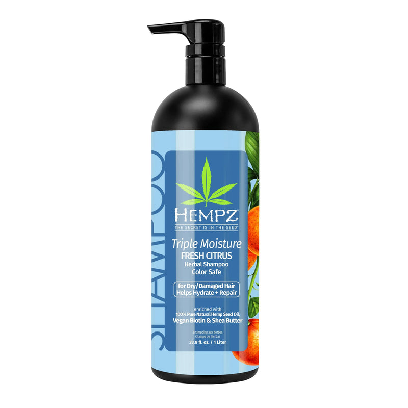 Hempz Triple Moisture Fresh Citrus Herbal Shampoo with Vegan Biotin & Shea Butter for Dry/Damaged Hair, Liter 