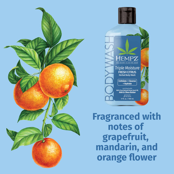 Grapefruit, mandarin, and orange flower notes in Hempz Triple Moisture Body Wash