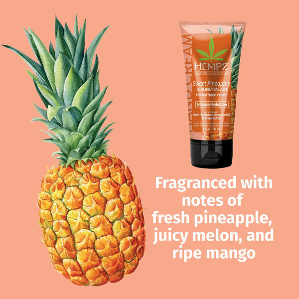 Hempz Sweet Pineapple & Honey Melon Herbal Hand Cream for Dry Hands has notes of ripe mango and juicy pineapple for a tropical scent