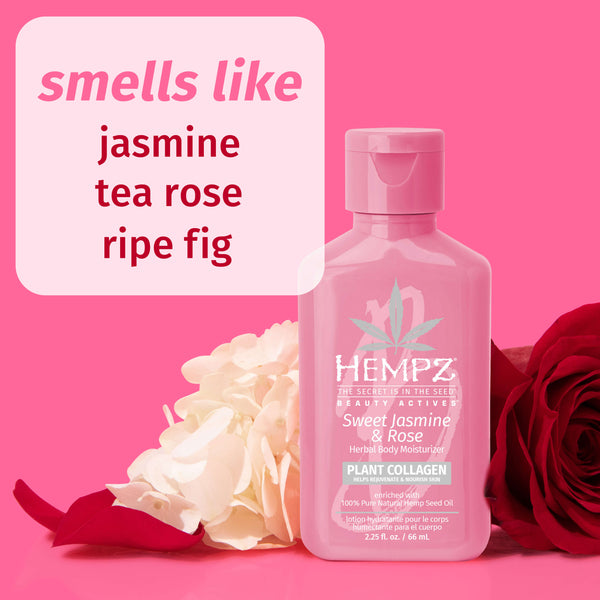 Hempz Sweet Jasmine & Rose lotion with notes of jasmine, tea rose, and ripe fig