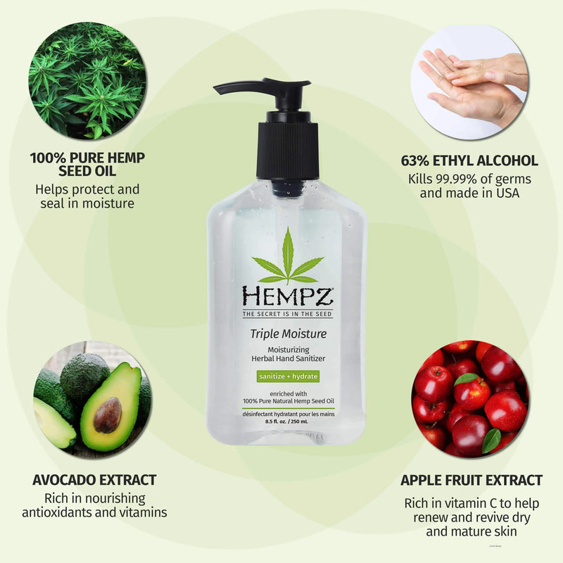 Hempz Triple Moisture Moisturizing Herbal Hand Sanitizer with apple fruit extract, 63% ethyl alcohol, avocado extract, and 100% pure hemp seed oil