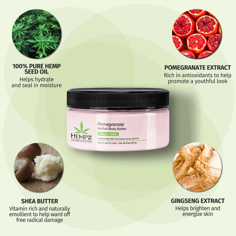 Hempz Pomegranate Herbal Body Butter for Dry Skin with plant-based ingredients including hemp seed oil and coconut and pomegranate extracts