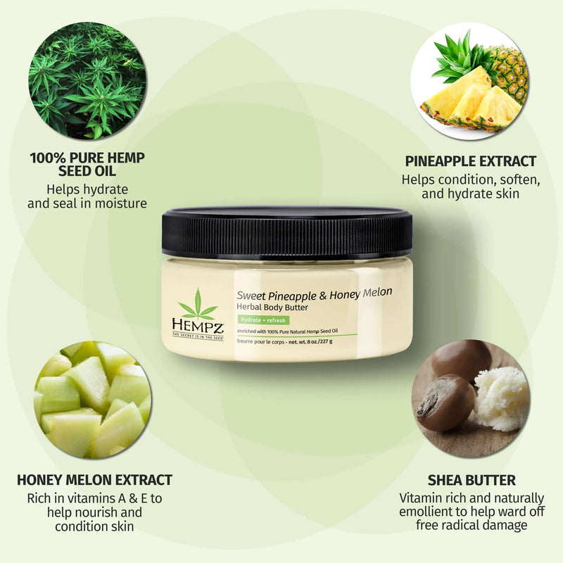 Hempz Sweet Pineapple & Honey Melon Body Butter hydrates with plant-based ingredients including hemp seed oil and coconut extracts