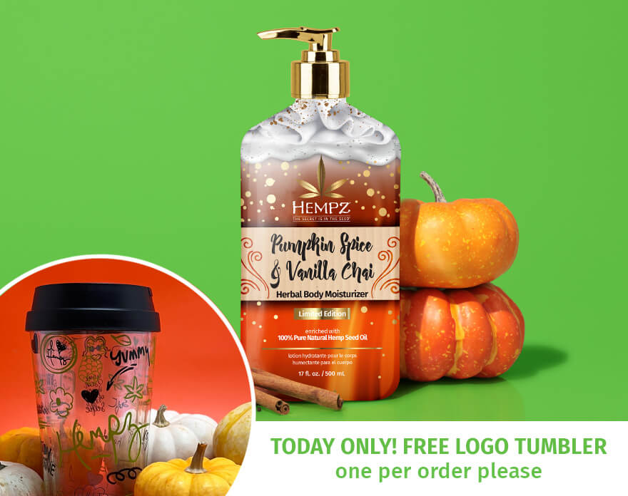 Hempz Pumpkin Spice & Vanilla Chai lotion with pumpkins and free tumbler