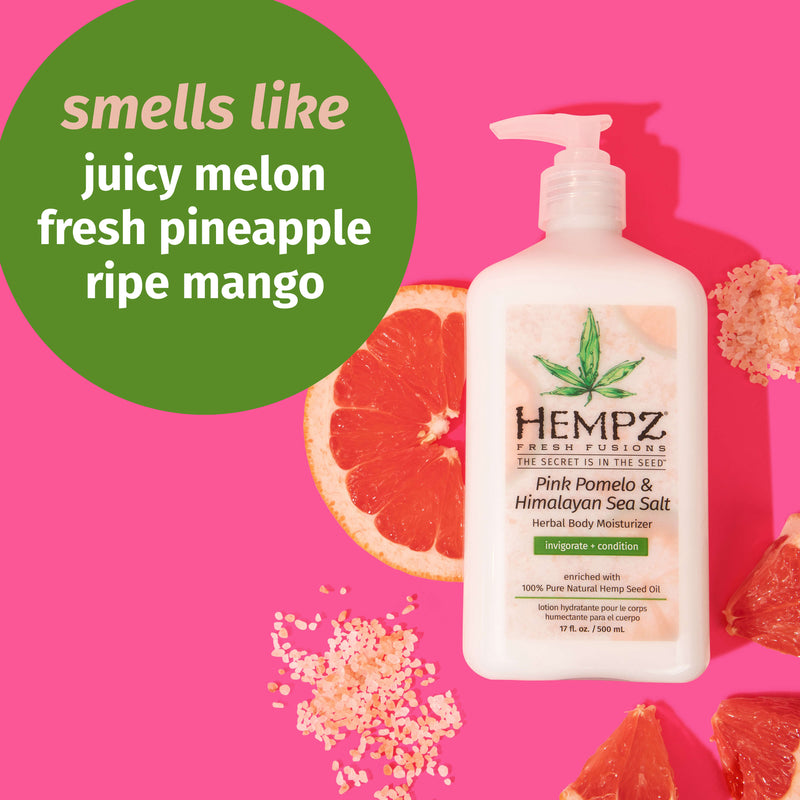 Hempz Fresh Fusions Pink Pomelo & Himalayan Sea Salt lotion with notes of juicy melon, fresh pineapple & ripe mango