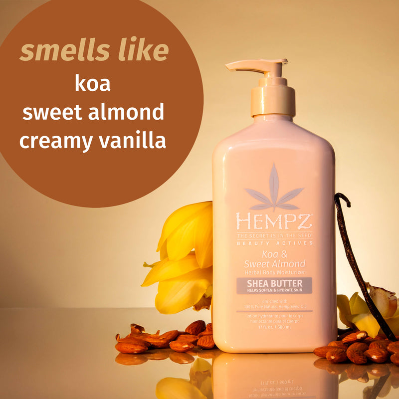 Hempz Koa & Sweet Almond Lotion for dry skin with notes of koa, sweet almond & creamy vanilla