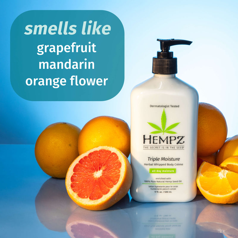 Hempz Triple Moisture lotion with a fresh citrus scent with notes of grapefruit, mandarin, and orange flowers