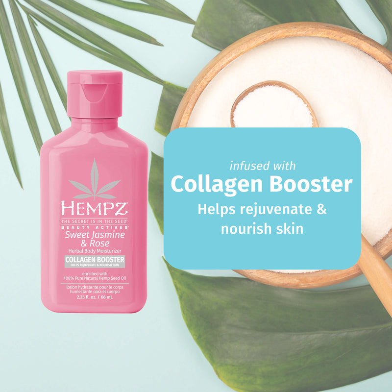 Hempz Sweet Jasmine & Rose Lotion with a collagen booster that helps rejuvenate & nourish skin