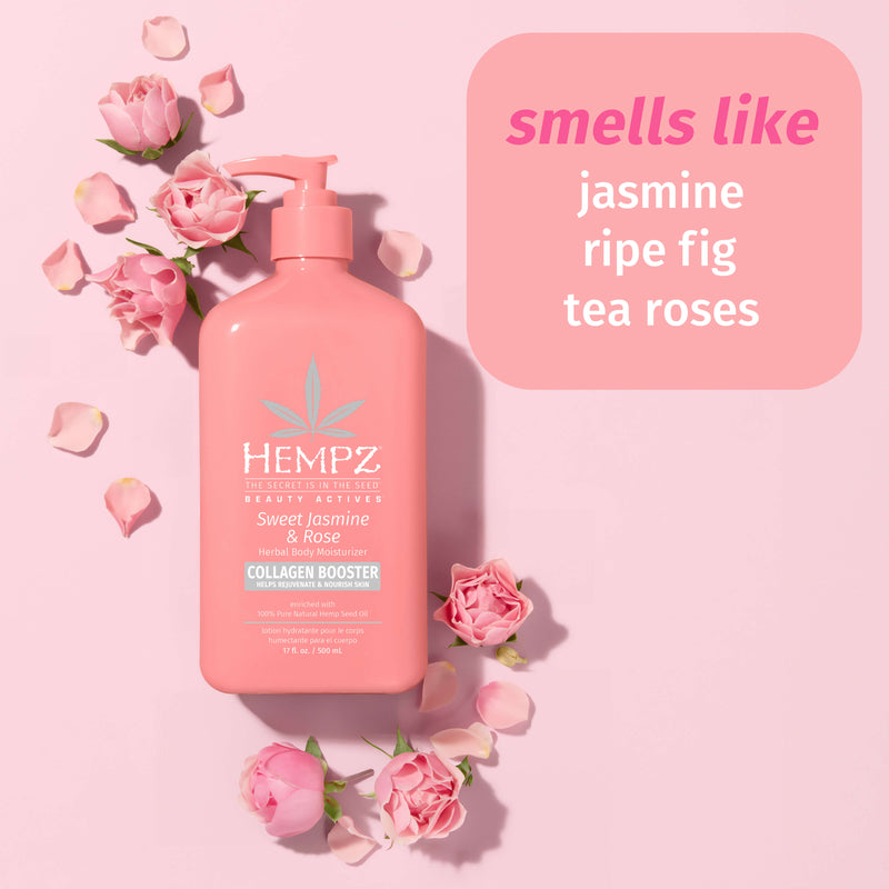 Hempz Sweet Jasmine & Rose Lotion with notes of jasmine, ripe fig & tea roses