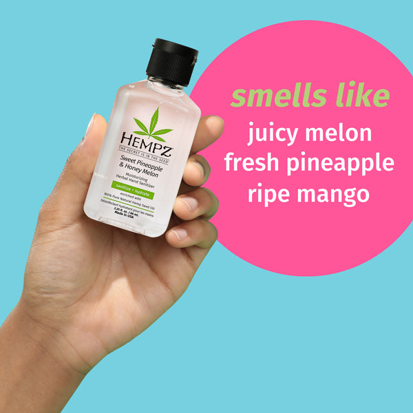 Hempz Travel-Size Sweet Pineapple & Honey Melon Moisturizing Herbal Hand Sanitizer smells like juicy melon, fresh pineapple & ripe mango