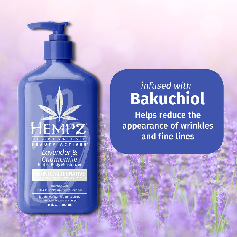 Hempz Beauty Actives Lavender & Chamomile Herbal Body Moisturizer with Retinol Alternative to help reduce the appearance of wrinkles and fine lines