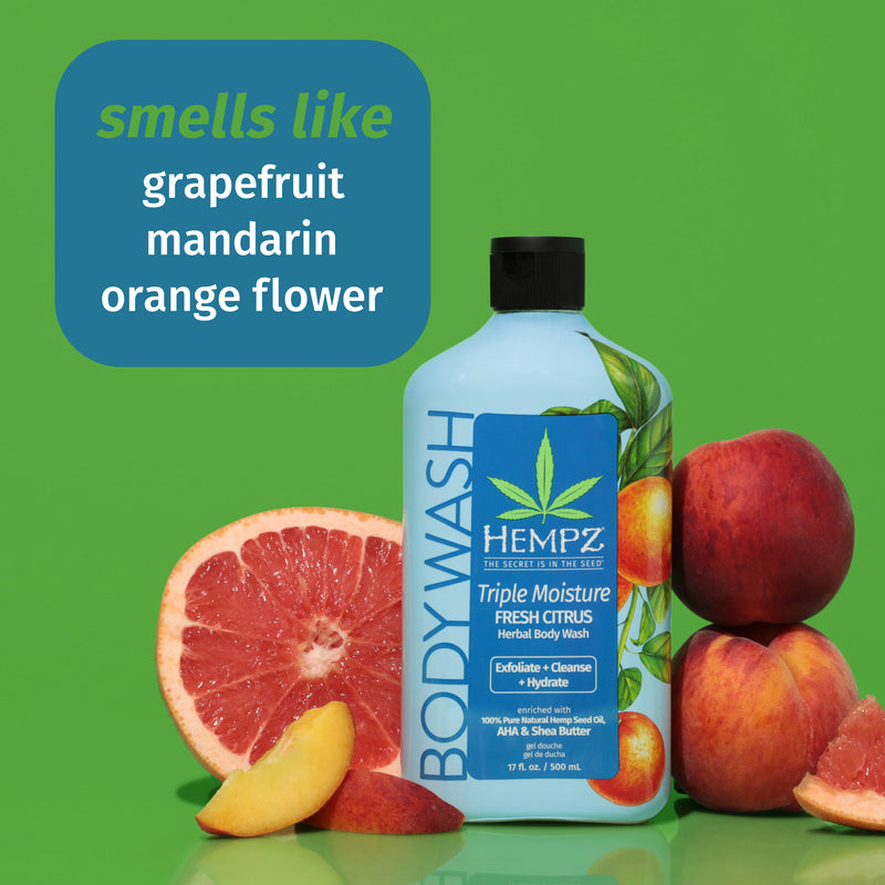 Hempz Triple Moisture Fresh Citrus Herbal Body Wash smells like grapefruit, mandarin & orange flower