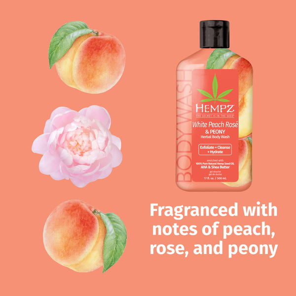 Hempz White Peach Rose & Peony Body Wash, with notes of peach, rose, and peony