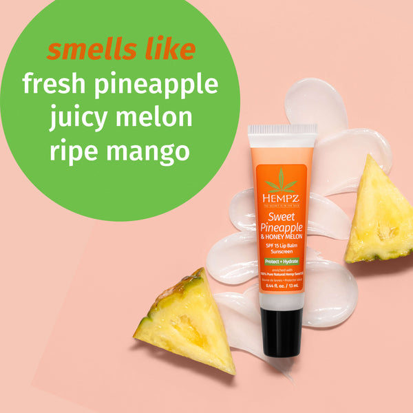 Hempz Sweet Pineapple & Honey Melon Lip Balm smells like fresh pineapple, juicy melon & ripe mango