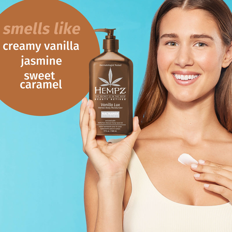 Hempz Beauty Actives Vanilla Lux with notes of creamy vanilla, jasmine & sweet caramel