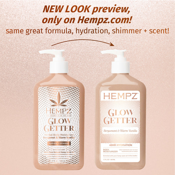 Two Hempz Glow Getter bottles on a beige background with promotional text.