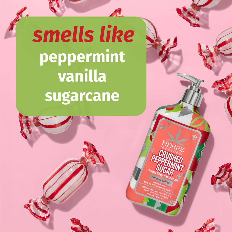 Hempz Crushed Peppermint Sugar lotion with notes of peppermint, vanilla & sugarcane