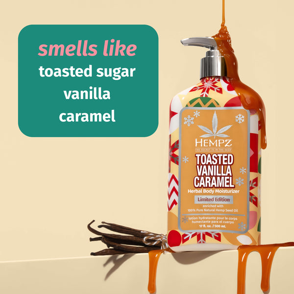 Hempz Toasted Vanilla Caramel lotion with notes of toasted sugar, vanilla & caramel