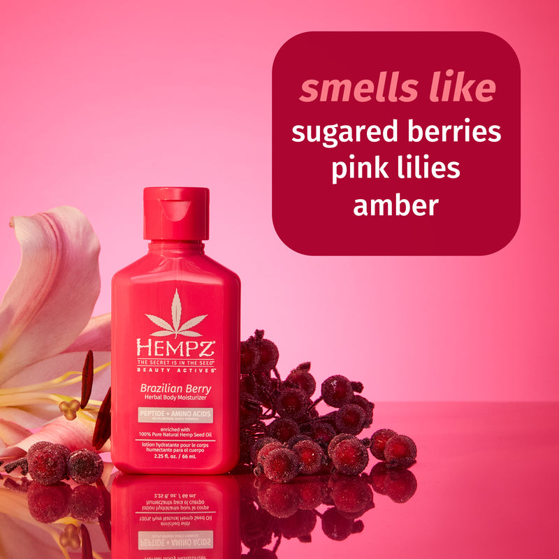 Hempz Travel-Size Brazilian Berry Body Lotion with notes of sugared berries, pink lilies, and amber