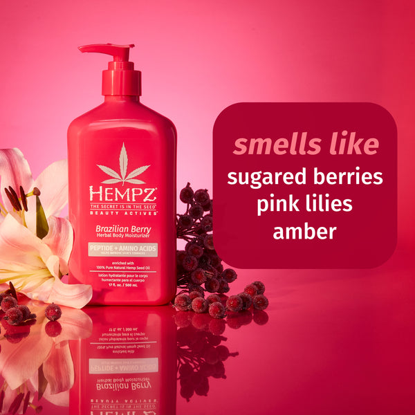 Hempz Brazilian Berry Body Lotion with notes of sugared berries, pink lilies, and amber