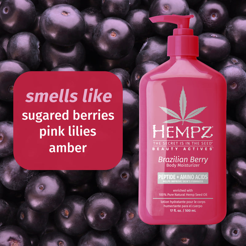 Hempz Brazilian Berry Body Lotion with notes of sugared berries, pink lilies, and amber