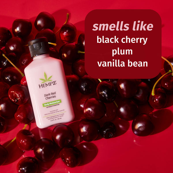 Hempz Dark Red Cherries lotion is a juicy cherry scent that smells like black cherry, plum & vanilla bean