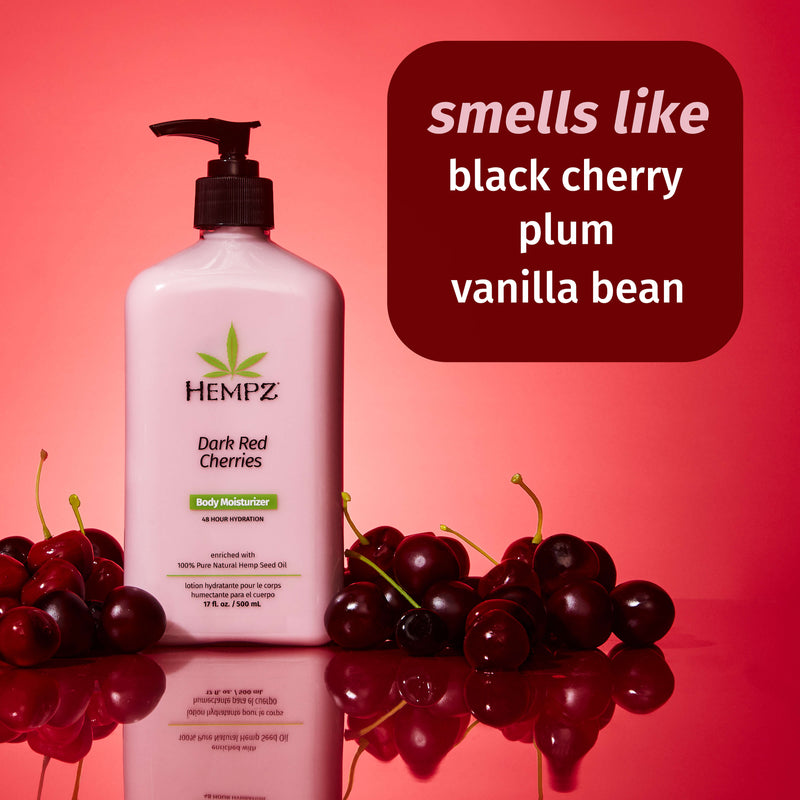 Hempz Dark Red Cherries lotion is a juicy cherry scent that smells like black cherry, plum & vanilla bean