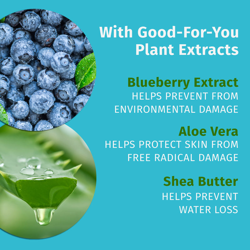 Made with Good for you extracts: Blueberry Extract, Aloe Vera, and Shea Butter