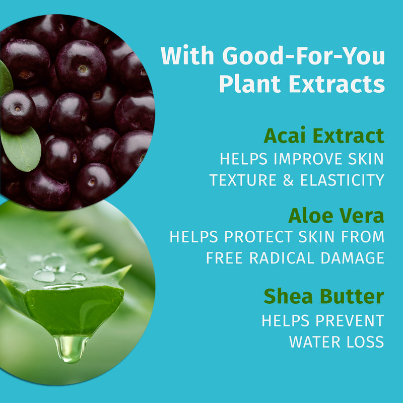 Made with Good for you extracts: Acai Extract, Aloe Vera, and Shea Butter