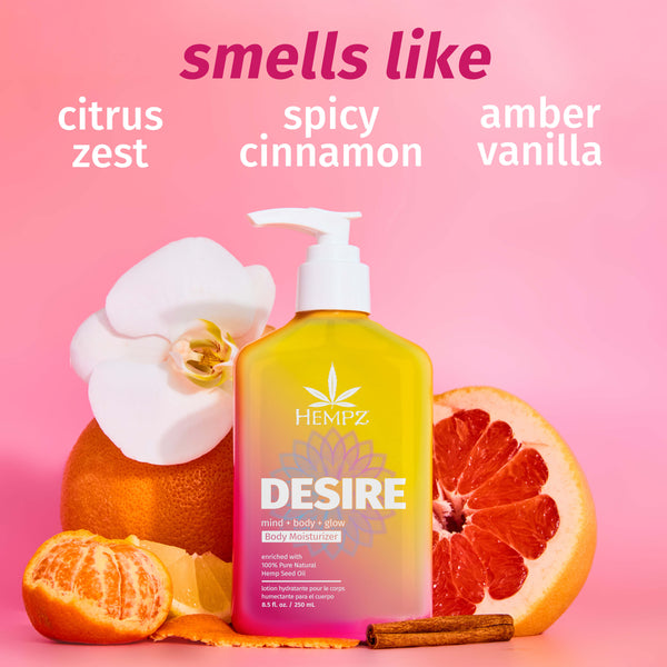 Hempz Desire Moisturizing Lotion with notes of citrus zest, spicy cinnamon & amber vanilla