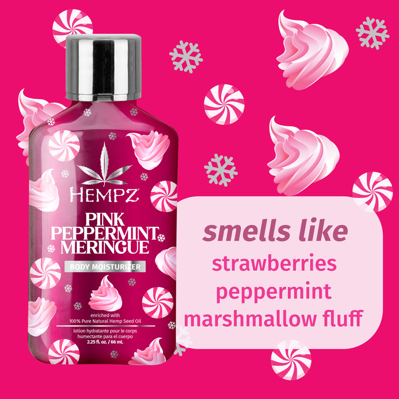 Hempz Travel-Size Pink Peppermint Meringue with notes of Strawberries, Peppermint, & Marshmallow Fluff
