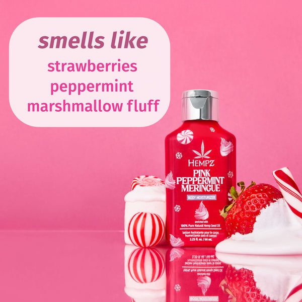 Hempz Travel-Size Pink Peppermint Meringue with notes of Strawberries, Peppermint, & Marshmallow Fluff