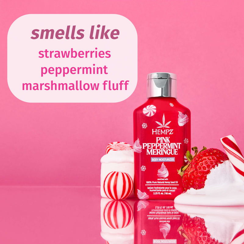 Hempz Travel-Size Pink Peppermint Meringue with notes of Strawberries, Peppermint, & Marshmallow Fluff