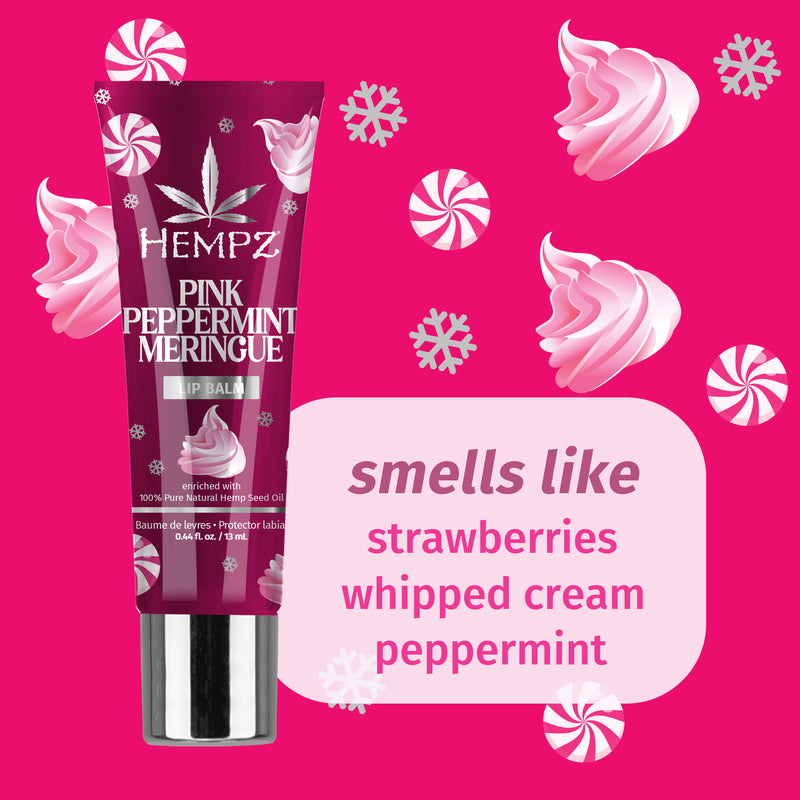 Hempz Pink Peppermint Meringue Lip Balm with notes of strawberries, whipped cream, & peppermint