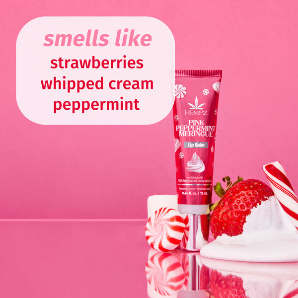 Hempz Pink Peppermint Meringue Lip Balm with notes of strawberries, whipped cream, & peppermint