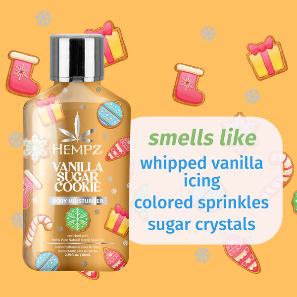 Hempz Vanilla Sugar Cookie Moisturizer with notes of whipped vanilla icing, colored sprinkles, & sugar crystals