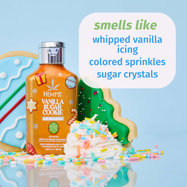 Hempz Vanilla Sugar Cookie Moisturizer with notes of whipped vanilla icing, colored sprinkles, & sugar crystals