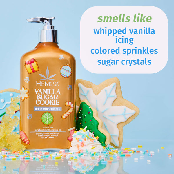 Hempz Vanilla Sugar Cookie Moisturizer with notes of whipped vanilla icing, colored sprinkles, & sugar crystals