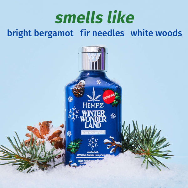 Hempz Winter Wonderland lotion with notes of bright bergamot, fir needles & white woods