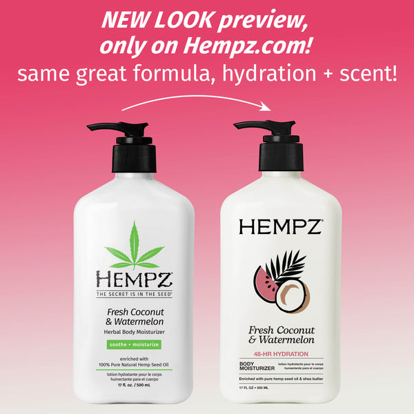 Two Hempz Fresh Coconut & Watermelon body moisturizers on a pink background with text about a new look preview.