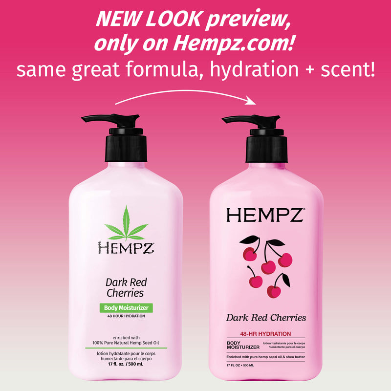 Two Hempz Dark Red Cherries body moisturizers on a pink background with text about a new look preview.