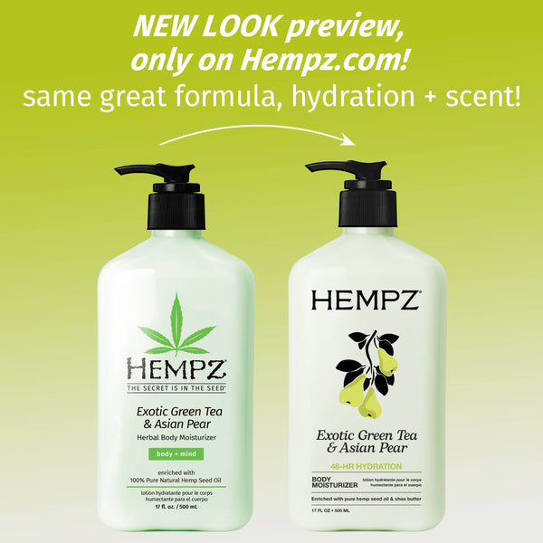 Two Hempz Exotic Green Tea & Asian Pear body moisturizers on a green background with promotional text.