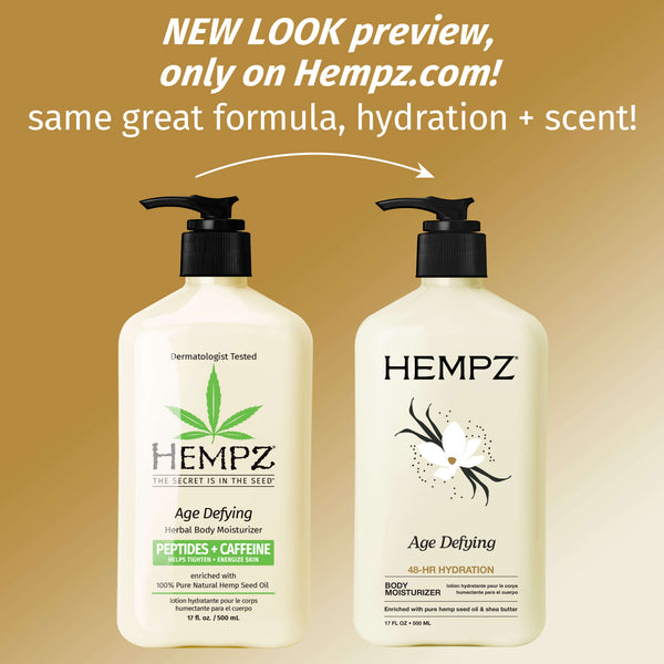 Two Hempz Age Defying Body Moisturizer bottles on a beige background with promotional text.