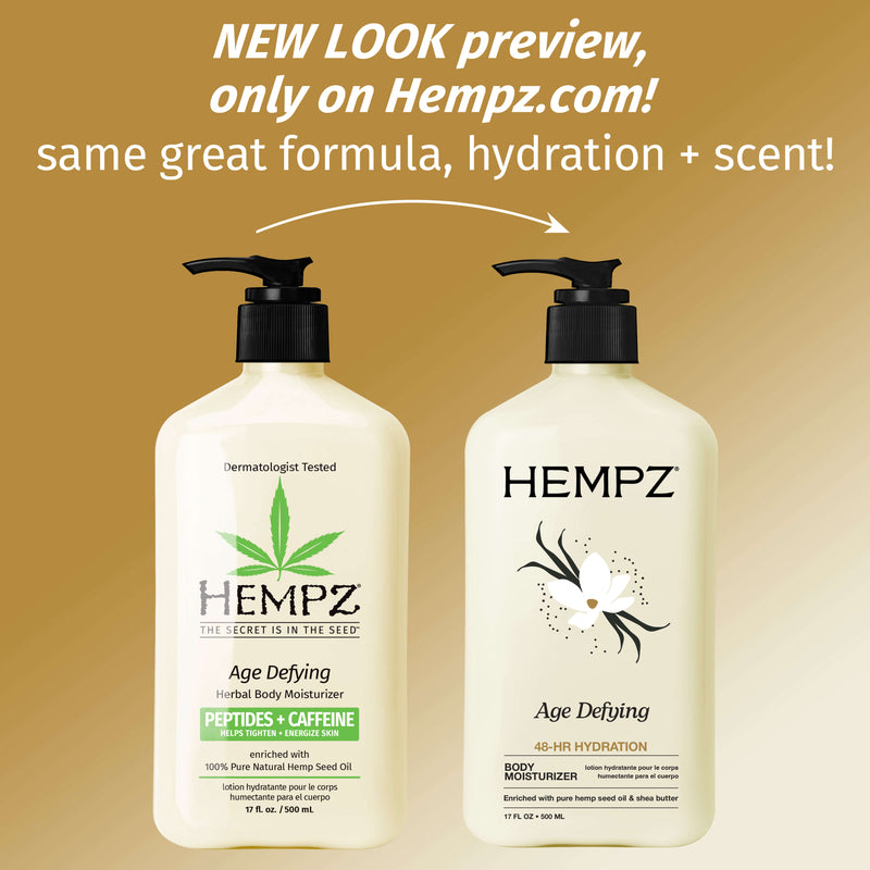 Two Hempz Age Defying Body Moisturizer bottles on a beige background with promotional text.