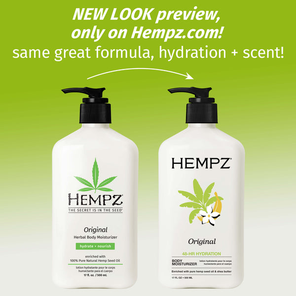 Two Hempz Original Herbal Body Moisturizers on a green background with text about a new look preview.