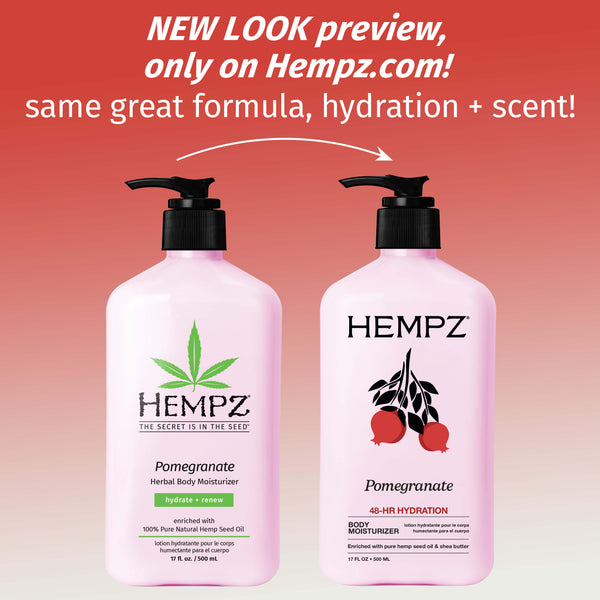 Two Hempz Pomegranate body moisturizers on a red background with promotional text.