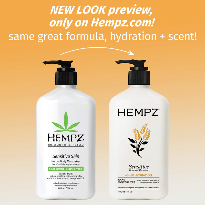 Two Hempz sensitive skin body moisturizers on a gradient orange background with promotional text.