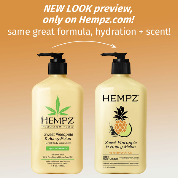 Two Hempz Sweet Pineapple & Honey Melon body moisturizer bottles on a gradient background with promotional text.