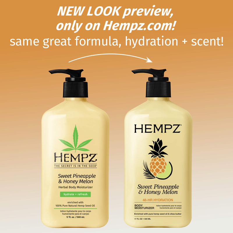 Two Hempz Sweet Pineapple & Honey Melon body moisturizer bottles on a gradient background with promotional text.